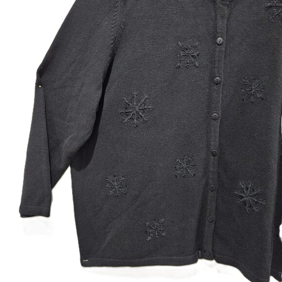 VINTAGE BLACK CARDIGAN W EMROIDERED BLACK SNOWFLAKES SPARKLE COTTON 3X - 4X - Picture 3 of 6